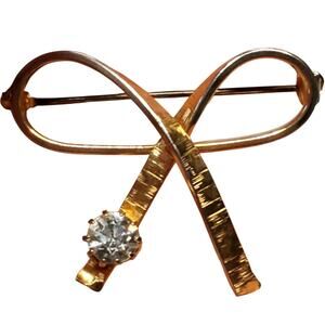 Gold Tone Bow Clear Rhinestone 1" Vtg